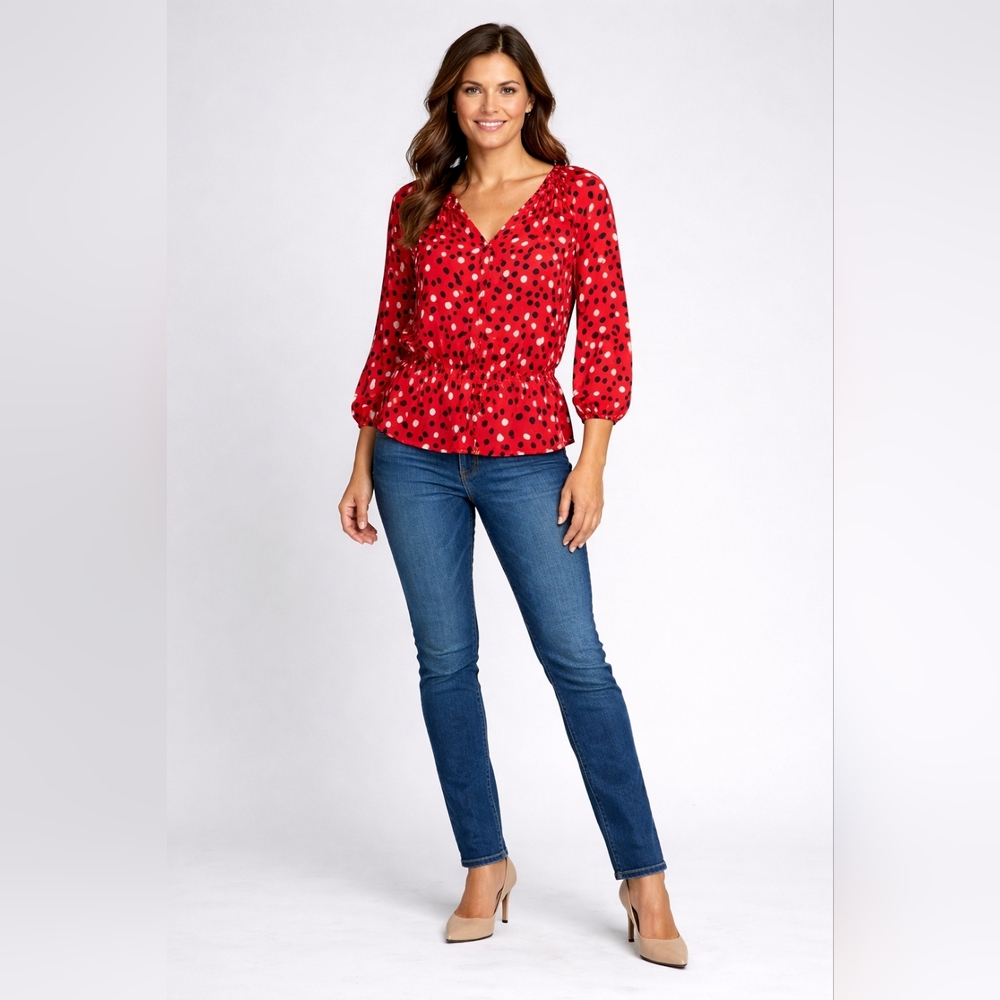 ❤️ Ellen Tracy Red Wrap Peplum Blouse Large • Work Office Top